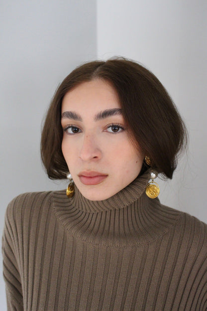 Bold Vintage Gold Spiral & Faux Pearl Drop Earrings