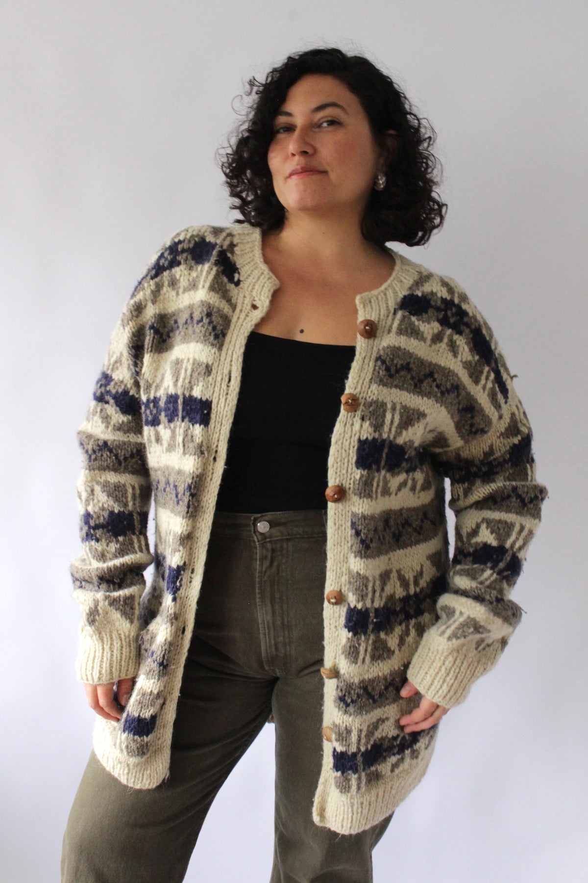 Vintage Hand Knit Patterned Wool Cardigan