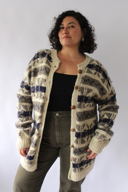Vintage Hand Knit Patterned Wool Cardigan