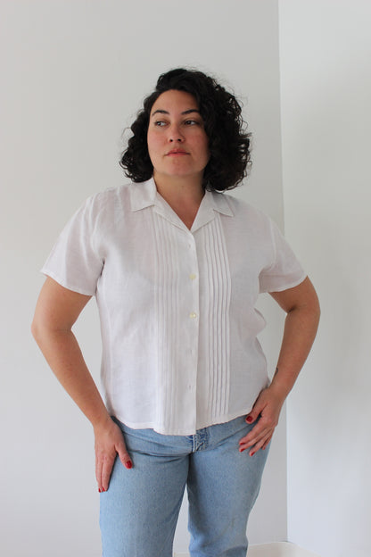 Vintage Ivory Pleated Linen Blouse