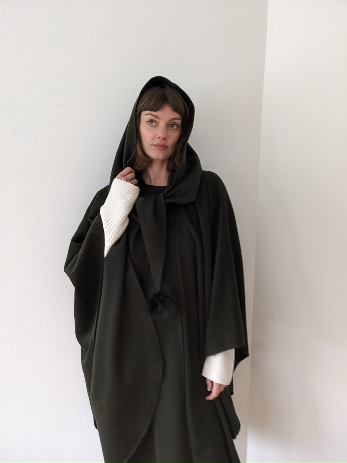 Incredible Vintage Olive Wool & Cashmere Hooded Cape