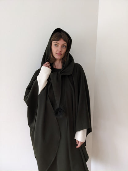 Incredible Vintage Olive Wool & Cashmere Hooded Cape