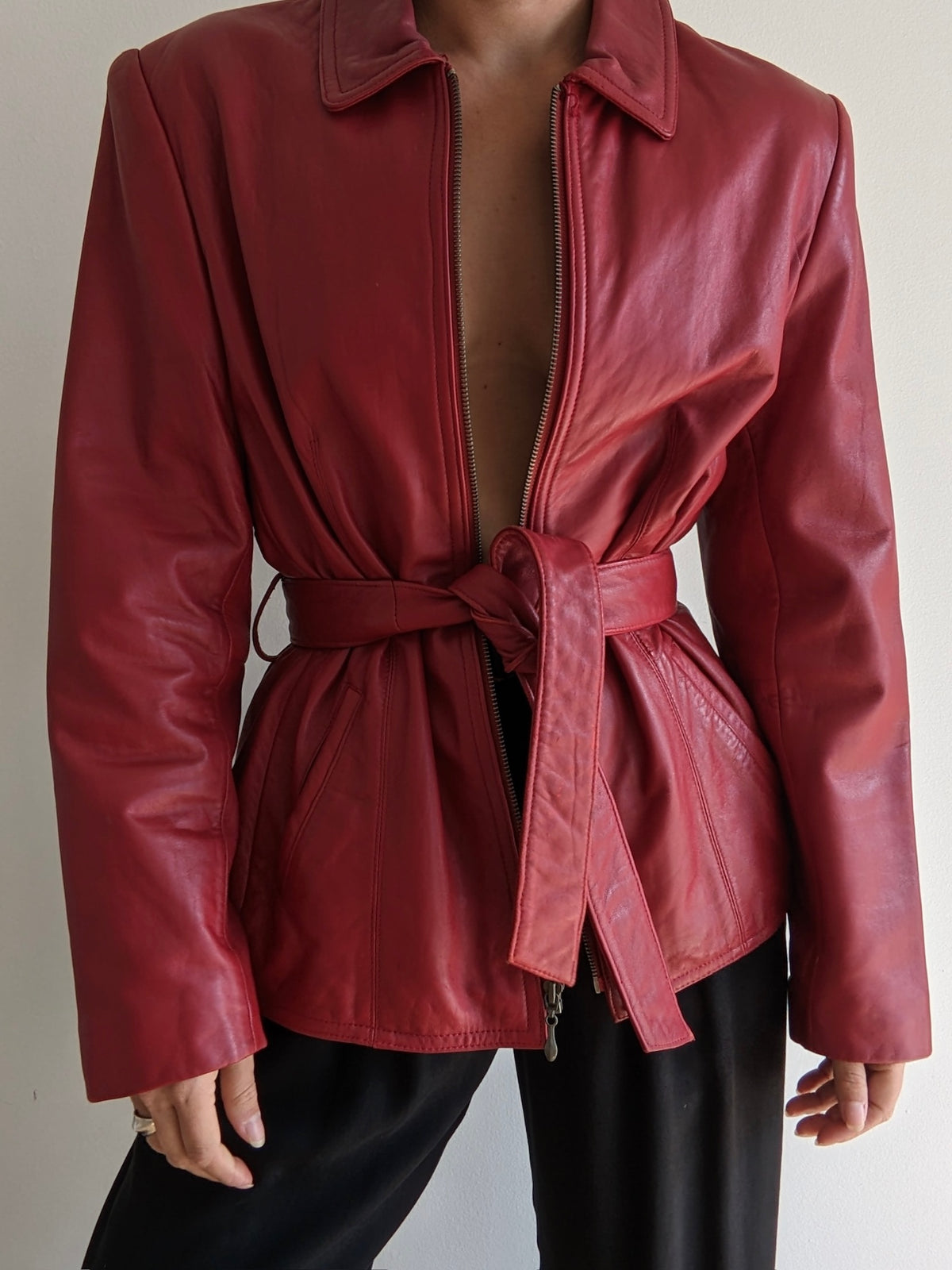 Vintage Crimson Lambskin Leather Belted Jacket