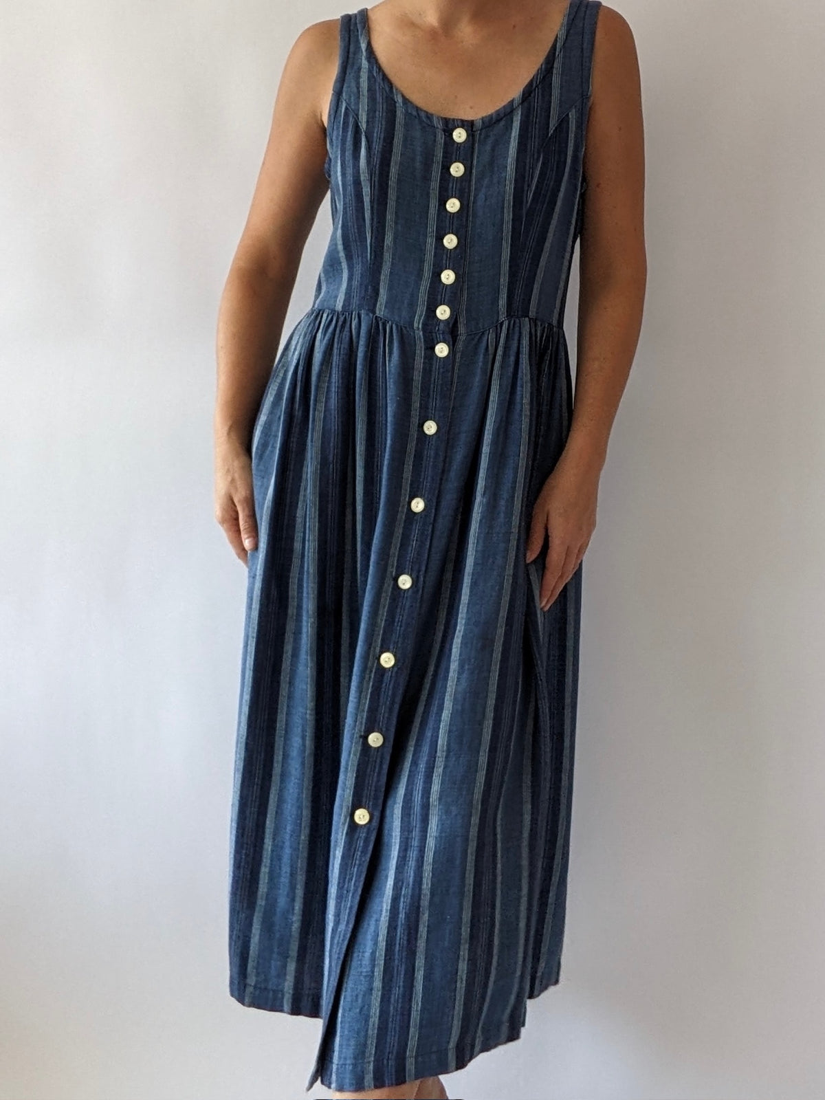 Vintage Indigo Striped Linen Market Dress