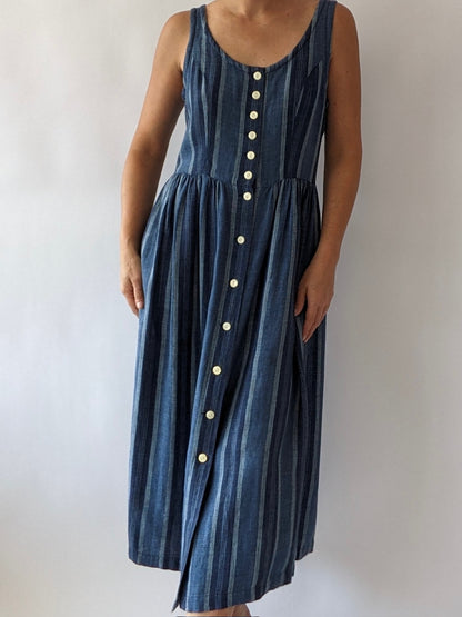 Vintage Indigo Striped Linen Market Dress