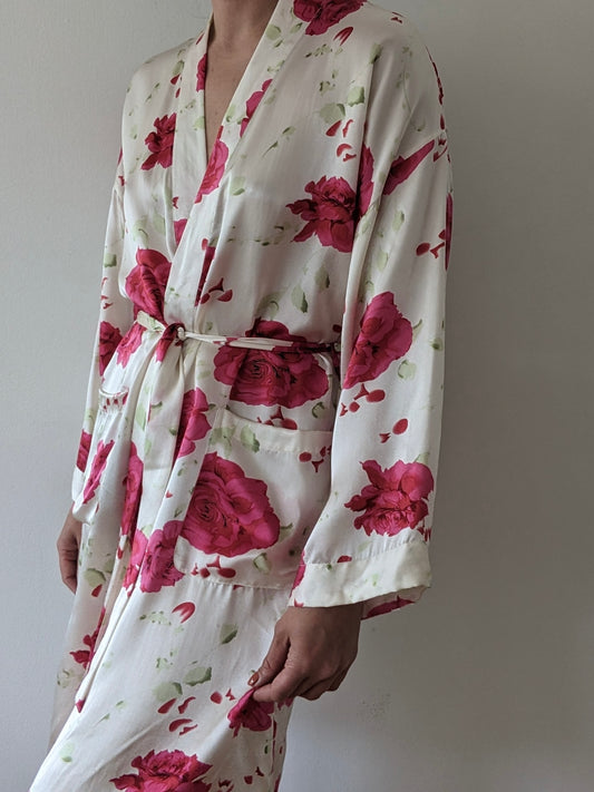 Vintage Floral Silk Satin Robe