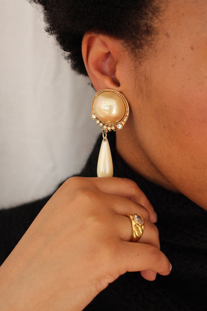 Statement Vintage Studded Gold Trim & Faux Pearl Drop Earrings