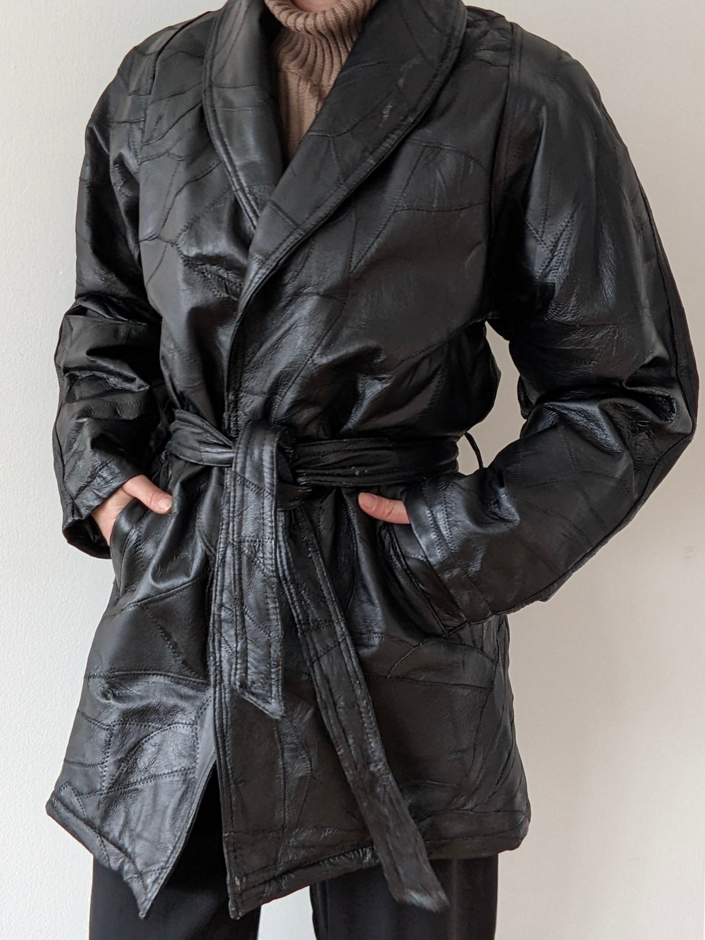 Vintage Onyx Belted Patchwork Leather Coat