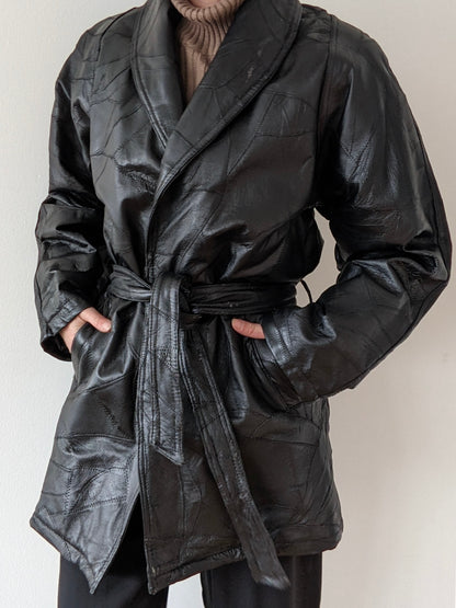 Vintage Onyx Belted Patchwork Leather Coat