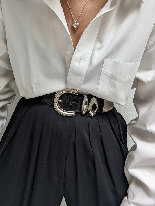 Vintage Bold Black Embossed Leather Belt