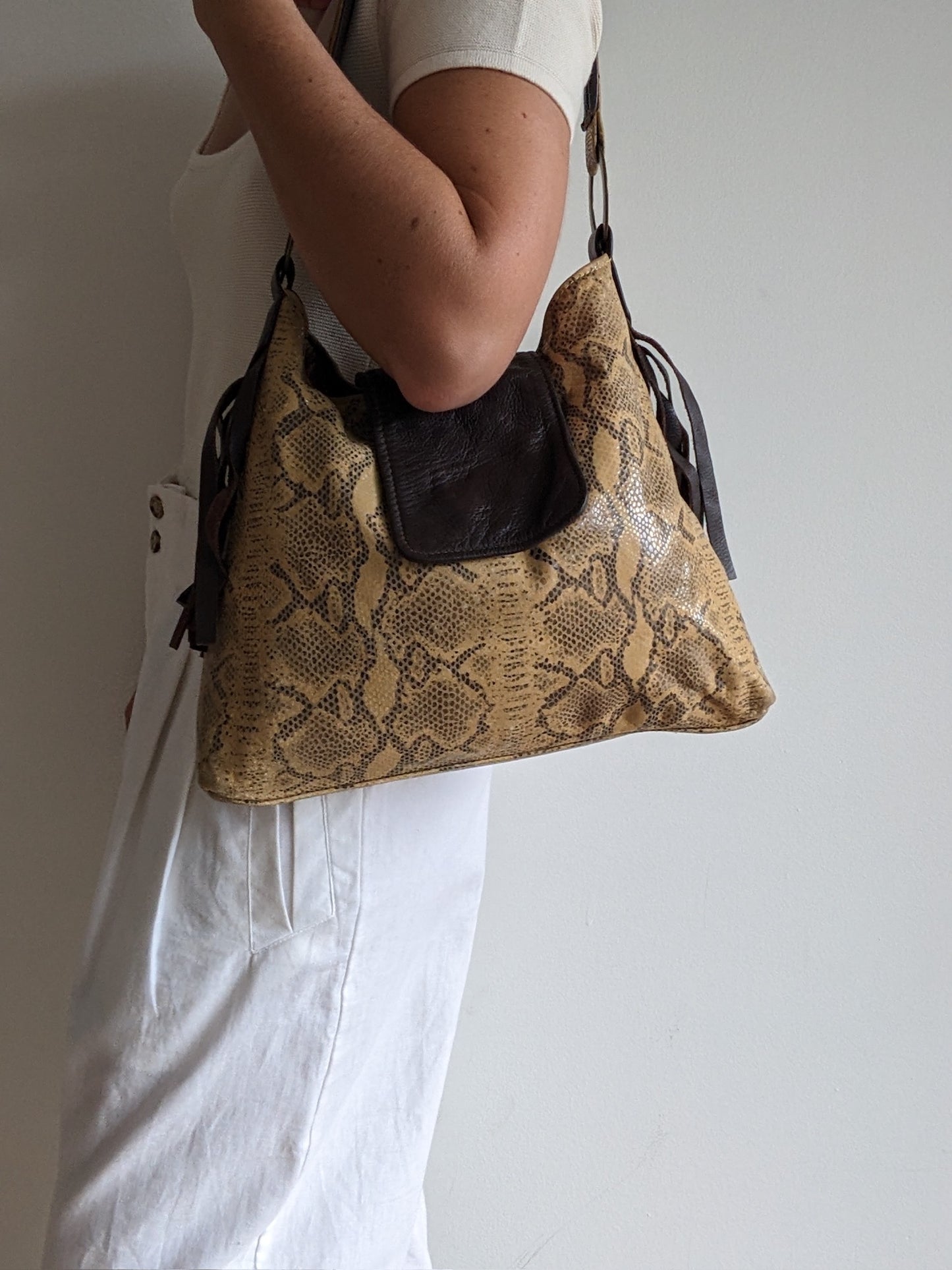 Vintage Snake-Embossed Fringe Leather Bag
