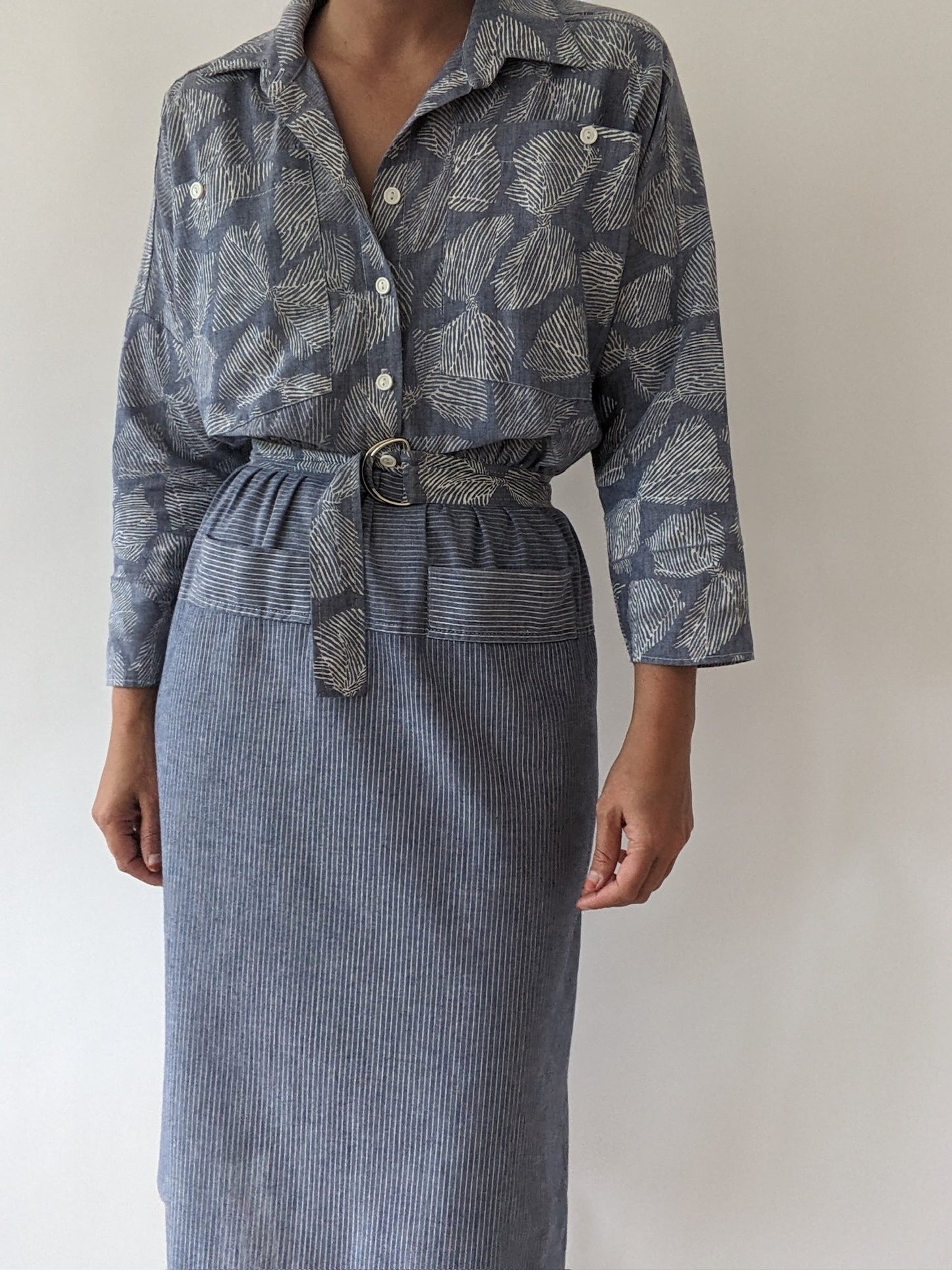Vintage Belted Bow-Print Shirt Dress