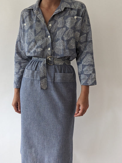 Vintage Belted Bow-Print Shirt Dress
