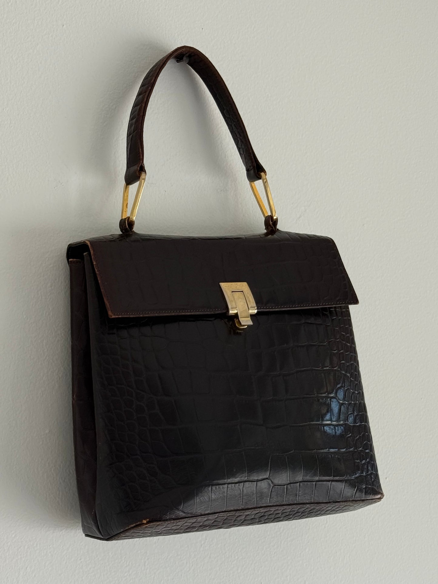 Vintage Espresso Croc-Embossed Leather Handbag
