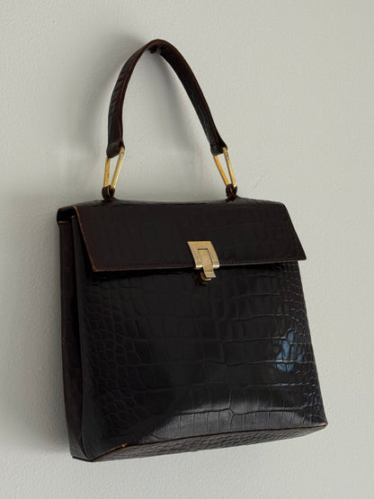 Vintage Espresso Croc-Embossed Leather Handbag
