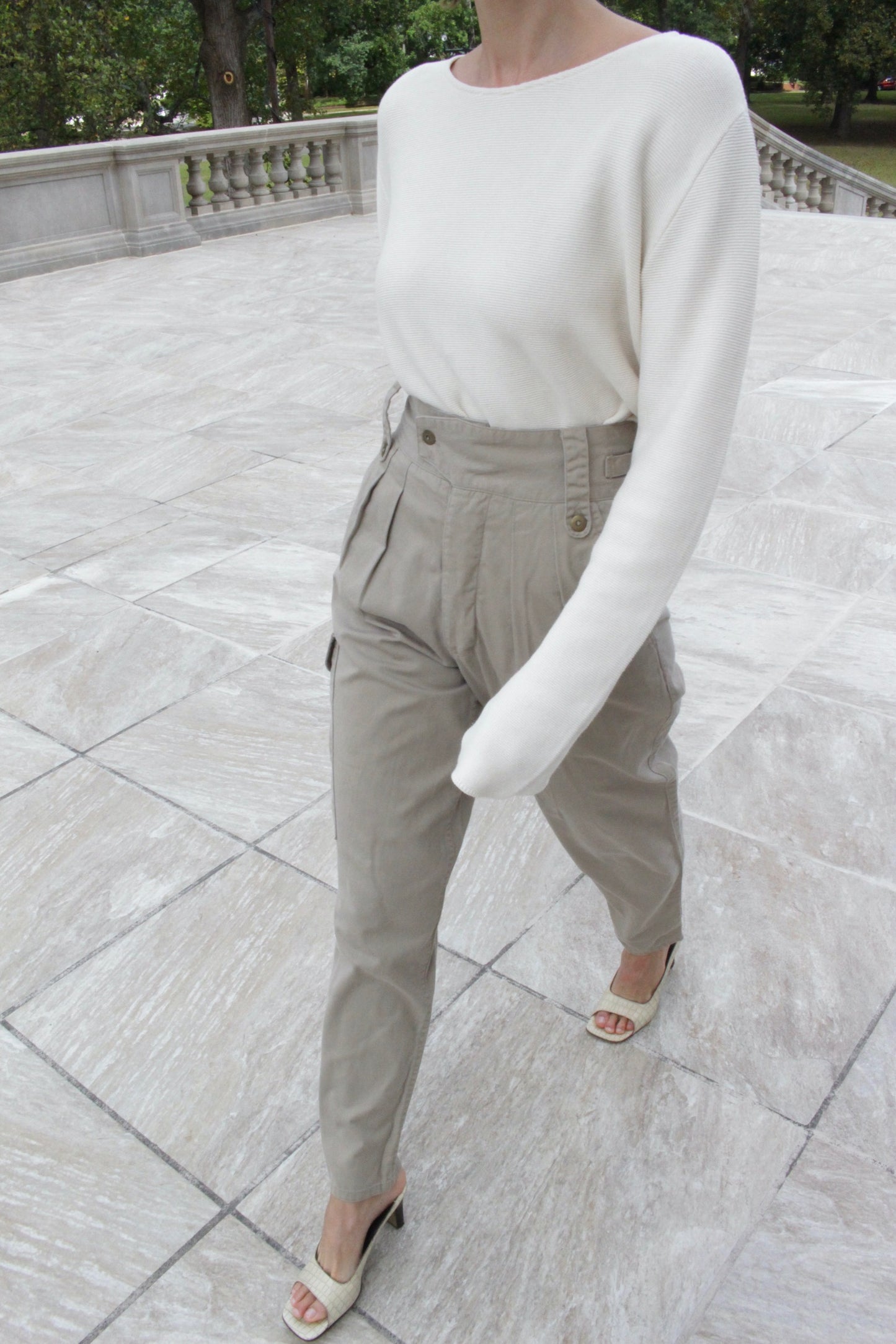 Vintage Pleated Cotton Twill Cargo Pants