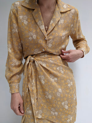 Vintage Floral Silk Wrap Skirt & Blouse Set