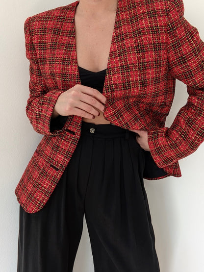 Vintage Crimson Plaid Woven Silk Blazer