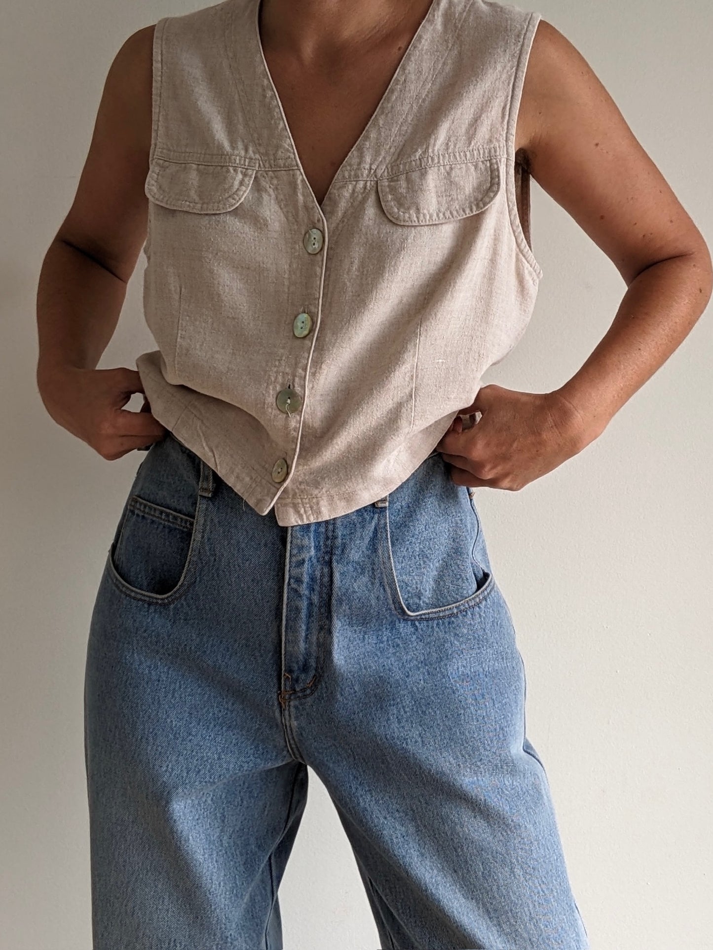 Vintage Cropped Oat Linen Vest