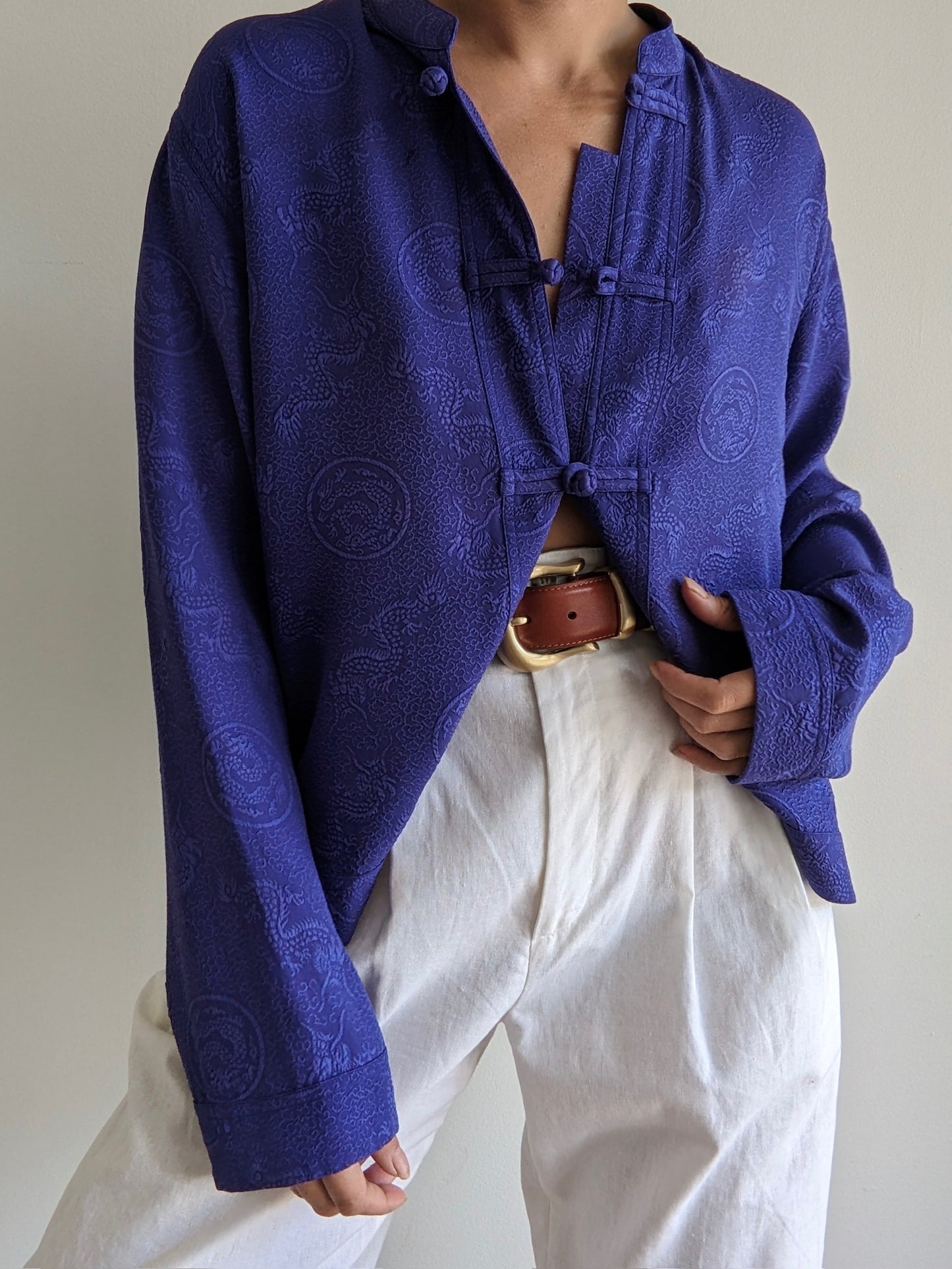 Vintage Embossed Silk Knot Closure Blouse
