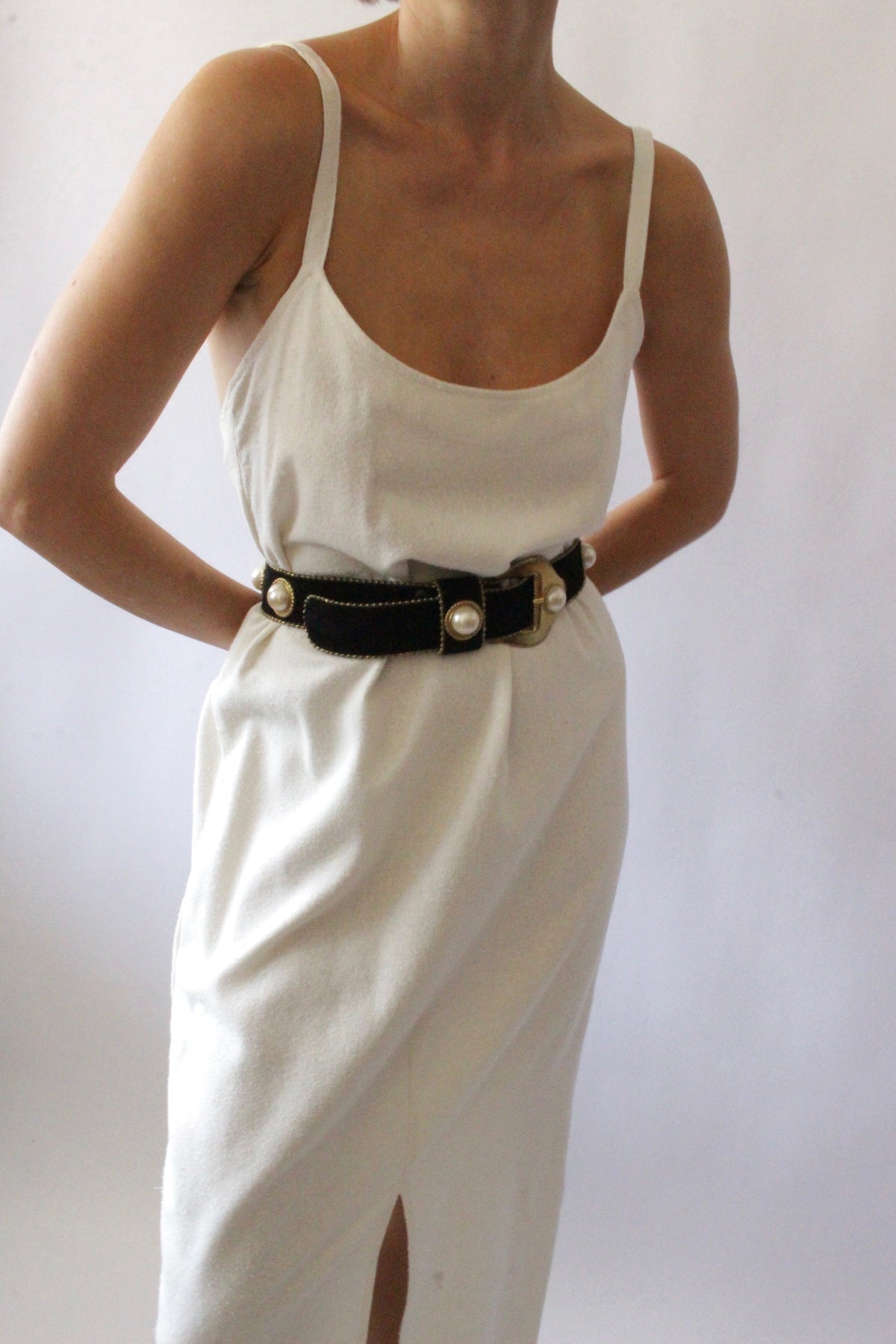 Vintage Black Suede & Faux Cabochon Pearl Belt