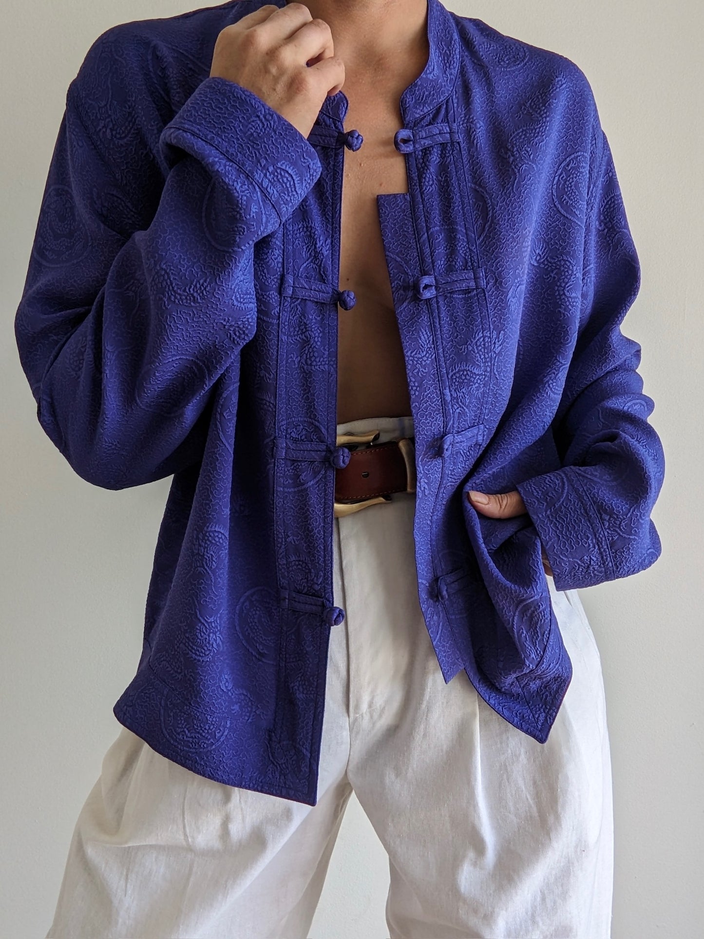 Vintage Embossed Silk Knot Closure Blouse