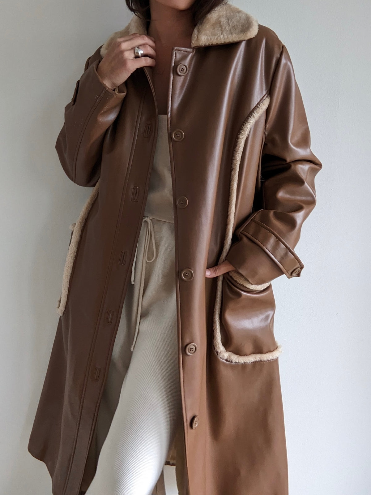 Vintage Chocoate Vegan Leather Belted Coat