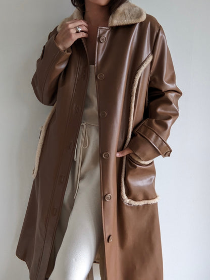 Vintage Chocoate Vegan Leather Belted Coat