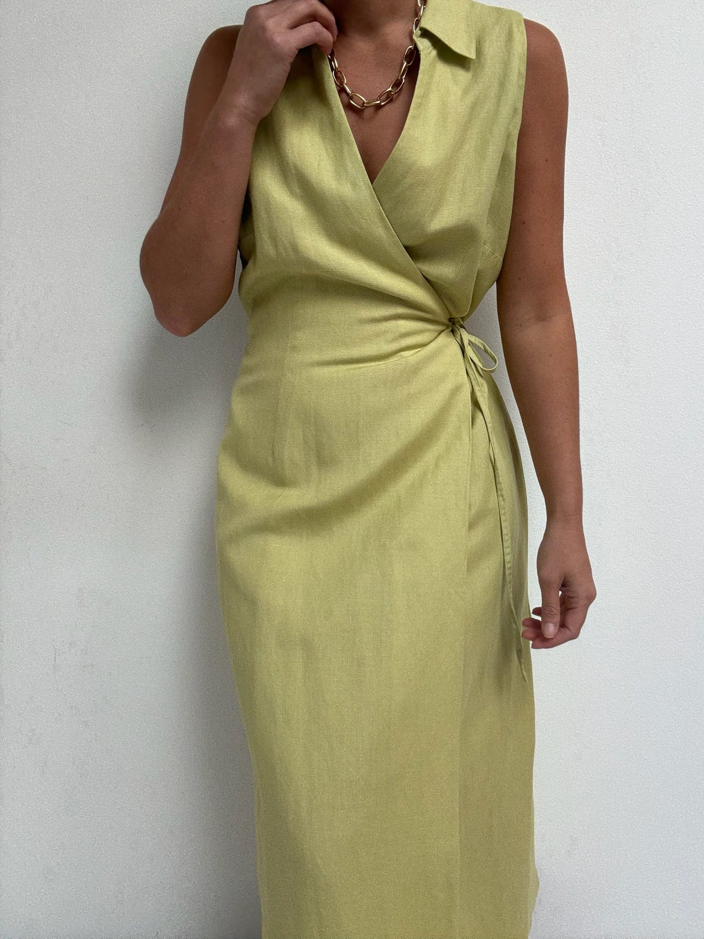 Vintage Avocado Linen Wrap Dress