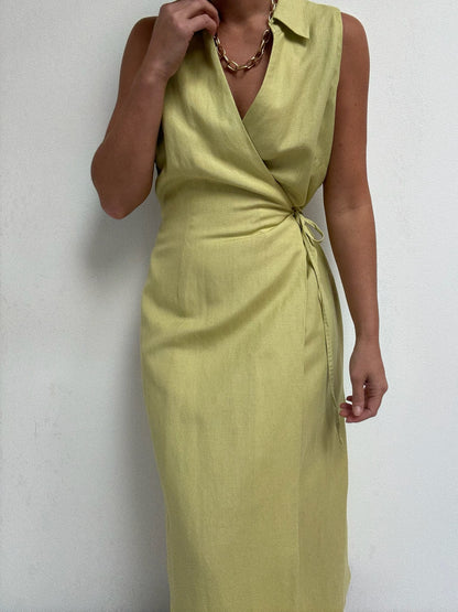 Vintage Avocado Linen Wrap Dress