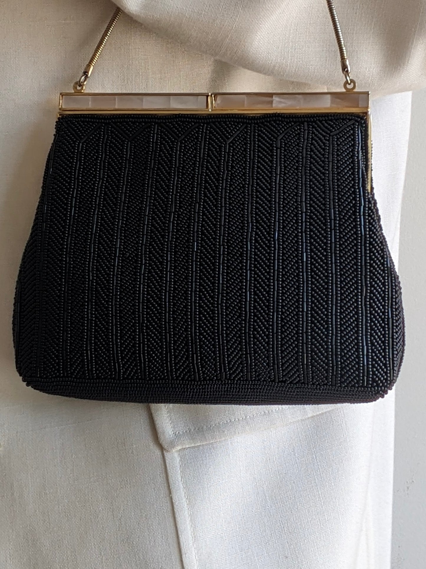 Gorgeous Vintage Mother of Pearl & Caviar Beaded Purse