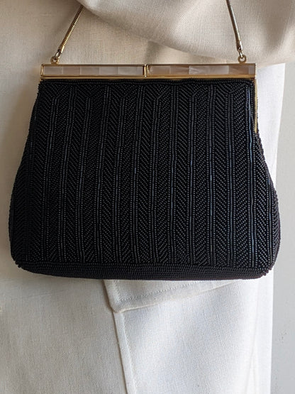 Gorgeous Vintage Mother of Pearl & Caviar Beaded Purse
