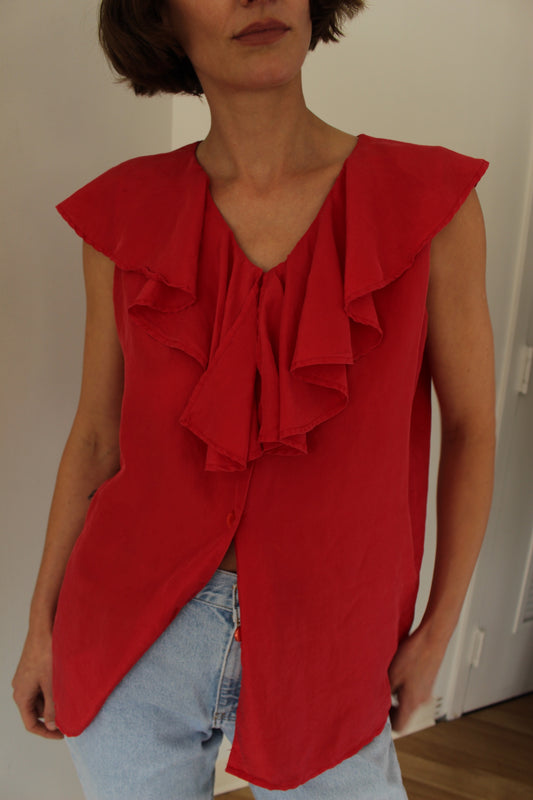 Vintage Sleeveless Ruffled Silk Blouse