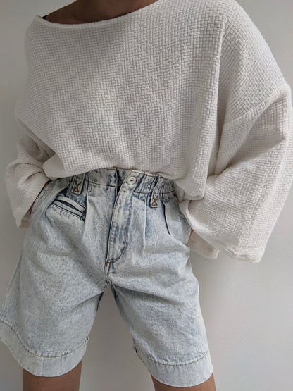 Vintage Acid-Washed Pleated Denim Shorts