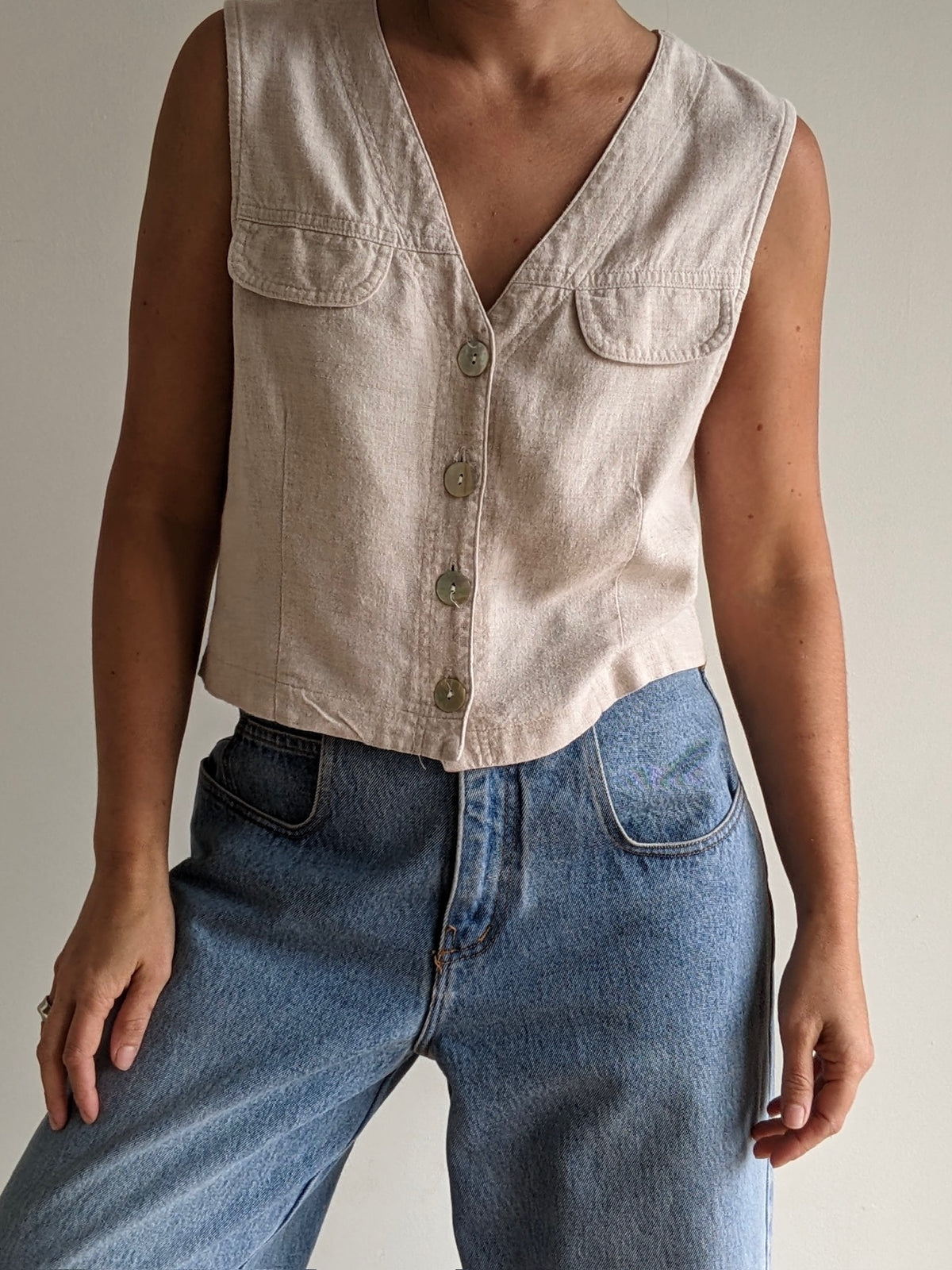 Vintage Cropped Oat Linen Vest