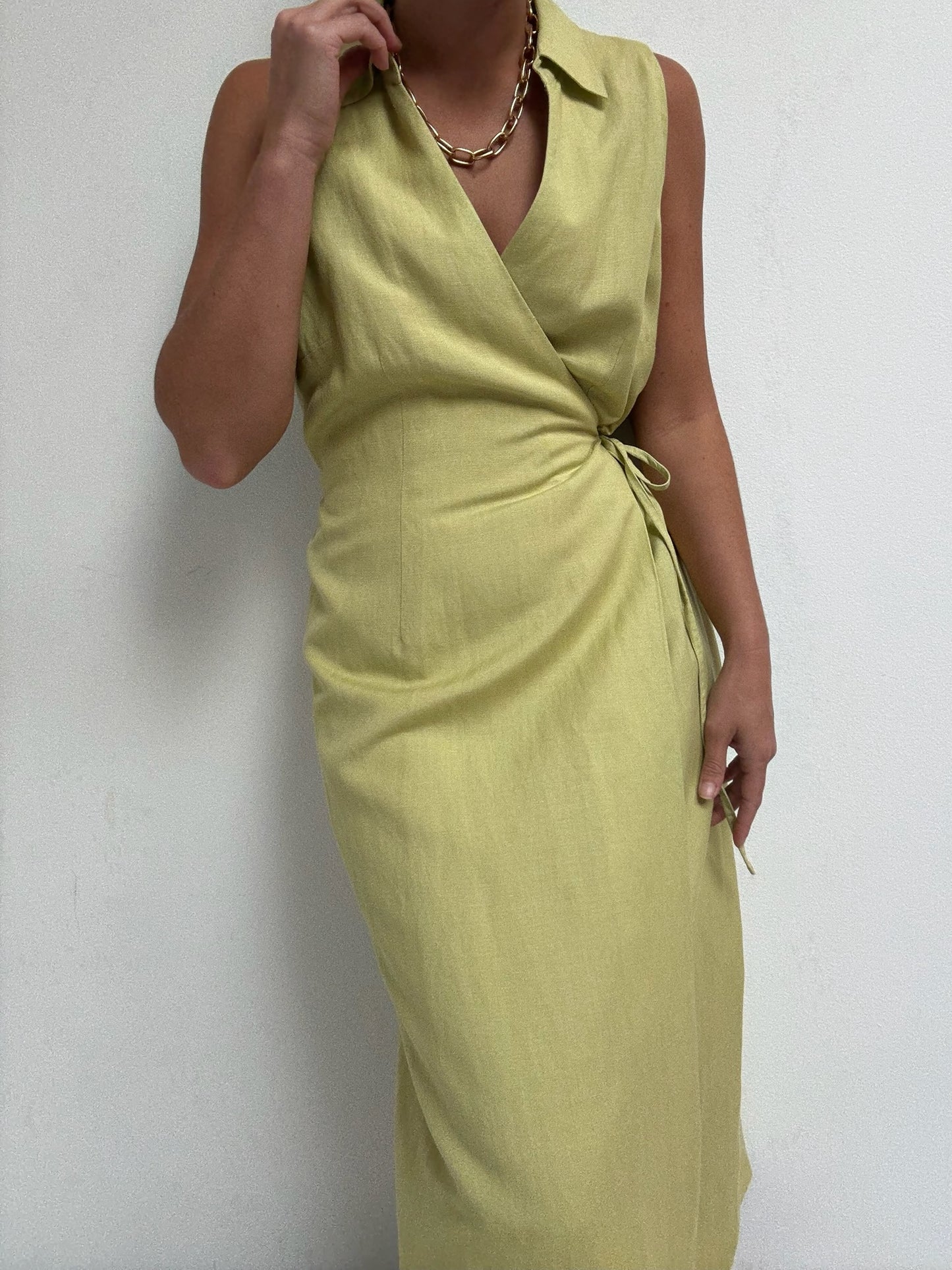 Vintage Avocado Linen Wrap Dress