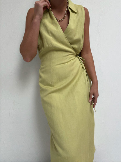 Vintage Avocado Linen Wrap Dress