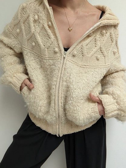 Vintage Hand Woven Cream Pure Wool Pom Pom Zip Jacket