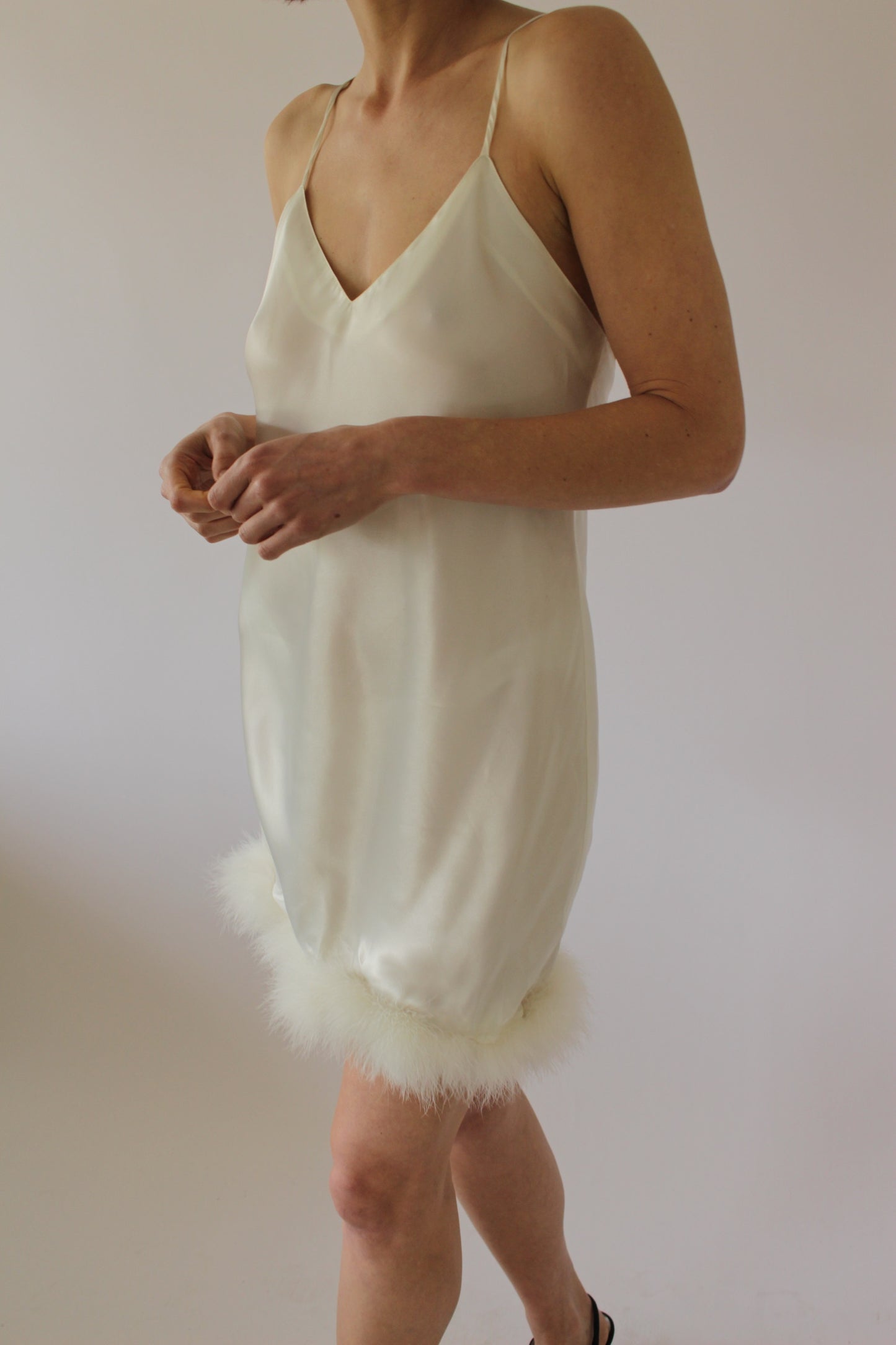Vintage Satin Faux-Fur Trim Slip Dress
