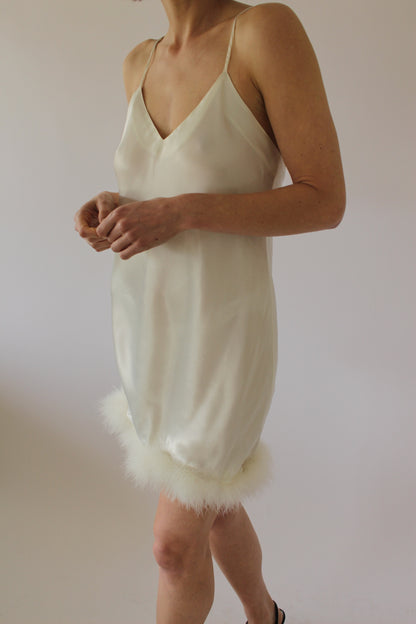 Vintage Satin Faux-Fur Trim Slip Dress