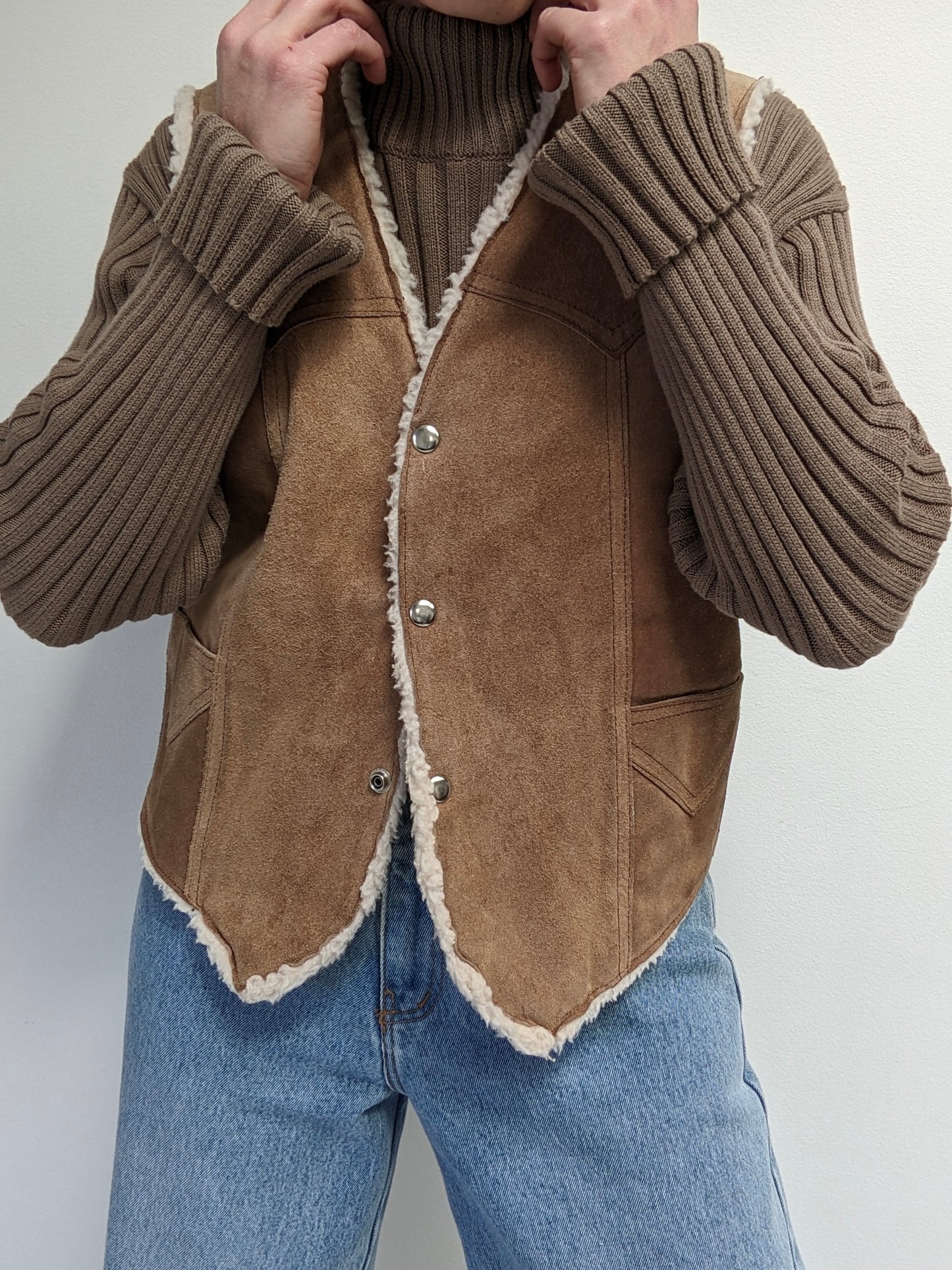 Vintage Sherpa-Lined Suede Snap Vest
