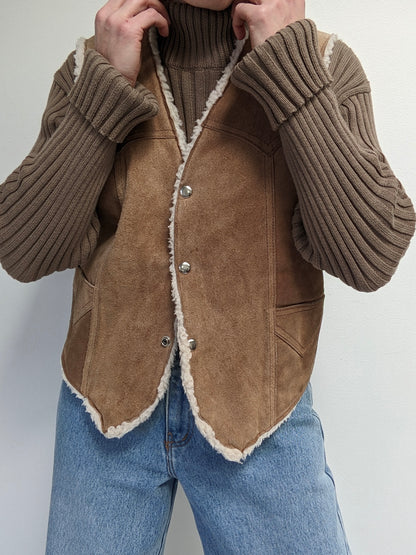 Vintage Sherpa-Lined Suede Snap Vest