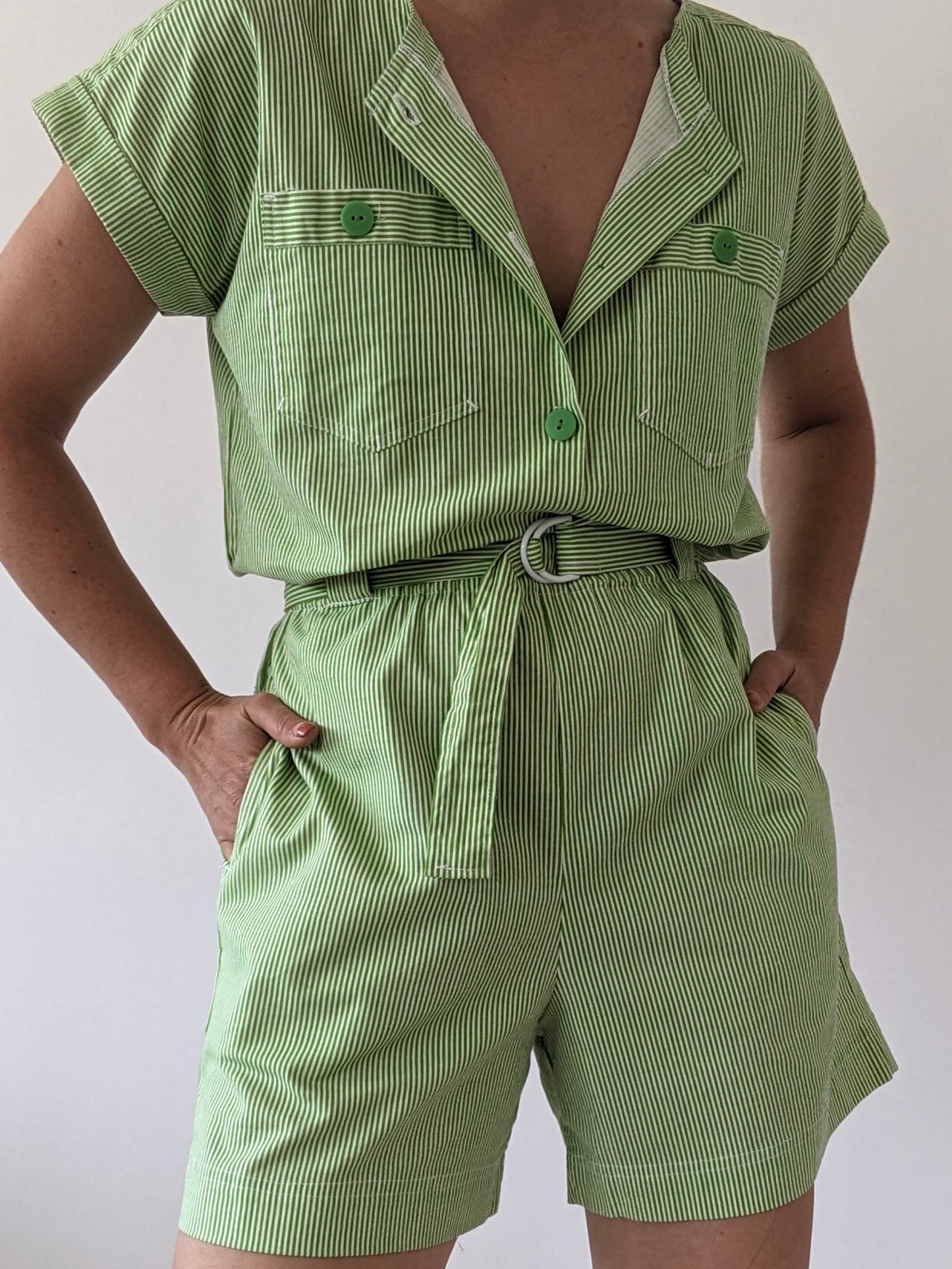 Vintage Lime Striped Cotton Romper