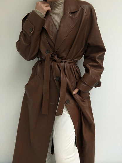 Vintage Tobacco Leather Belted Trench Coat