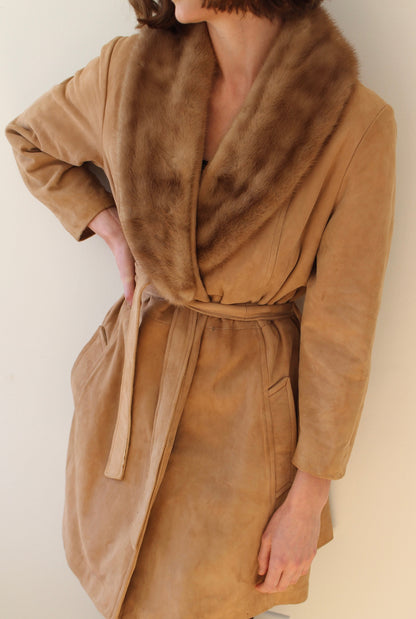 Rare Vintage Belted Suede & Fur Collar Coat