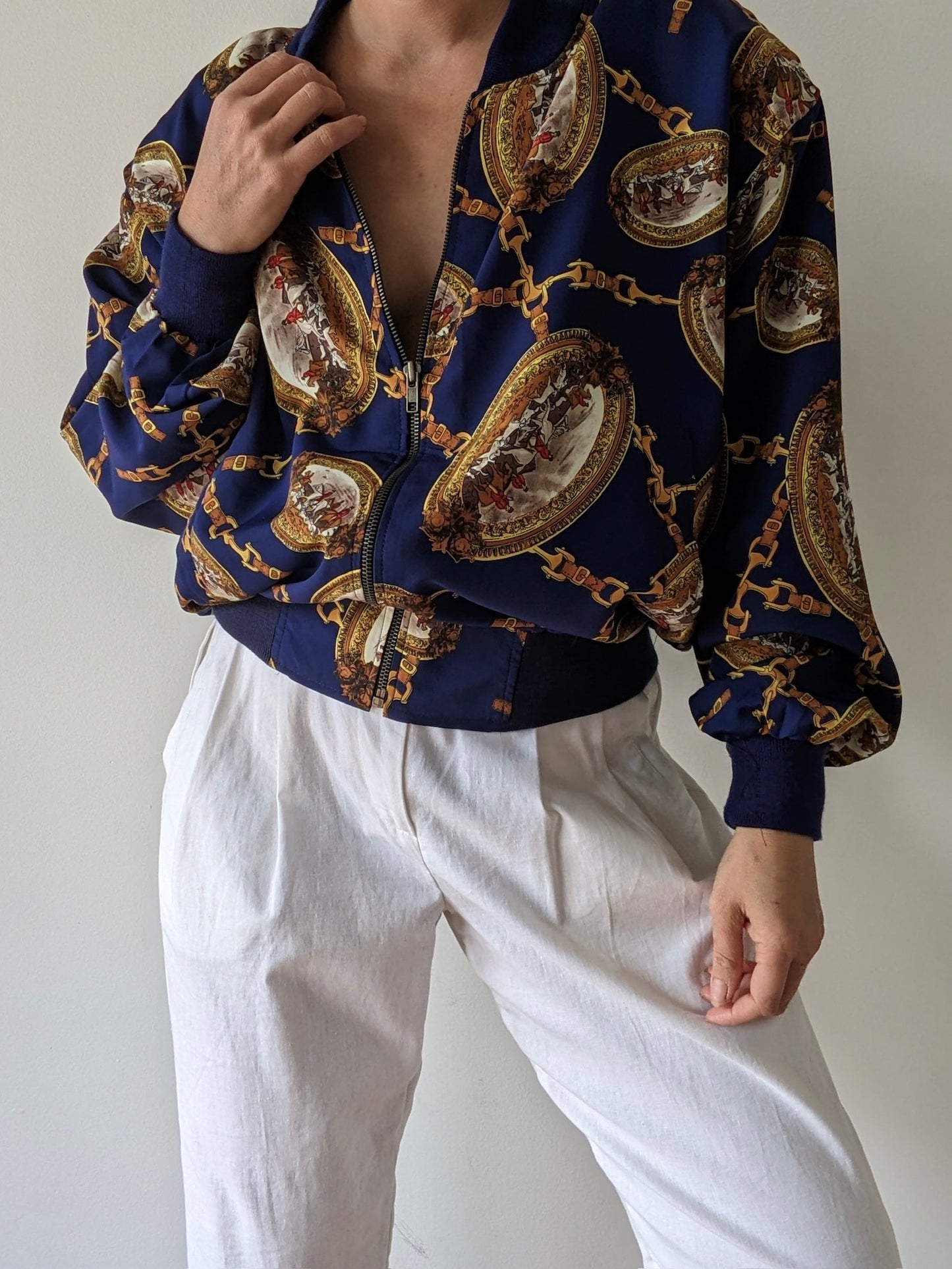 Vintage Equestrian Print Bomber Jacket