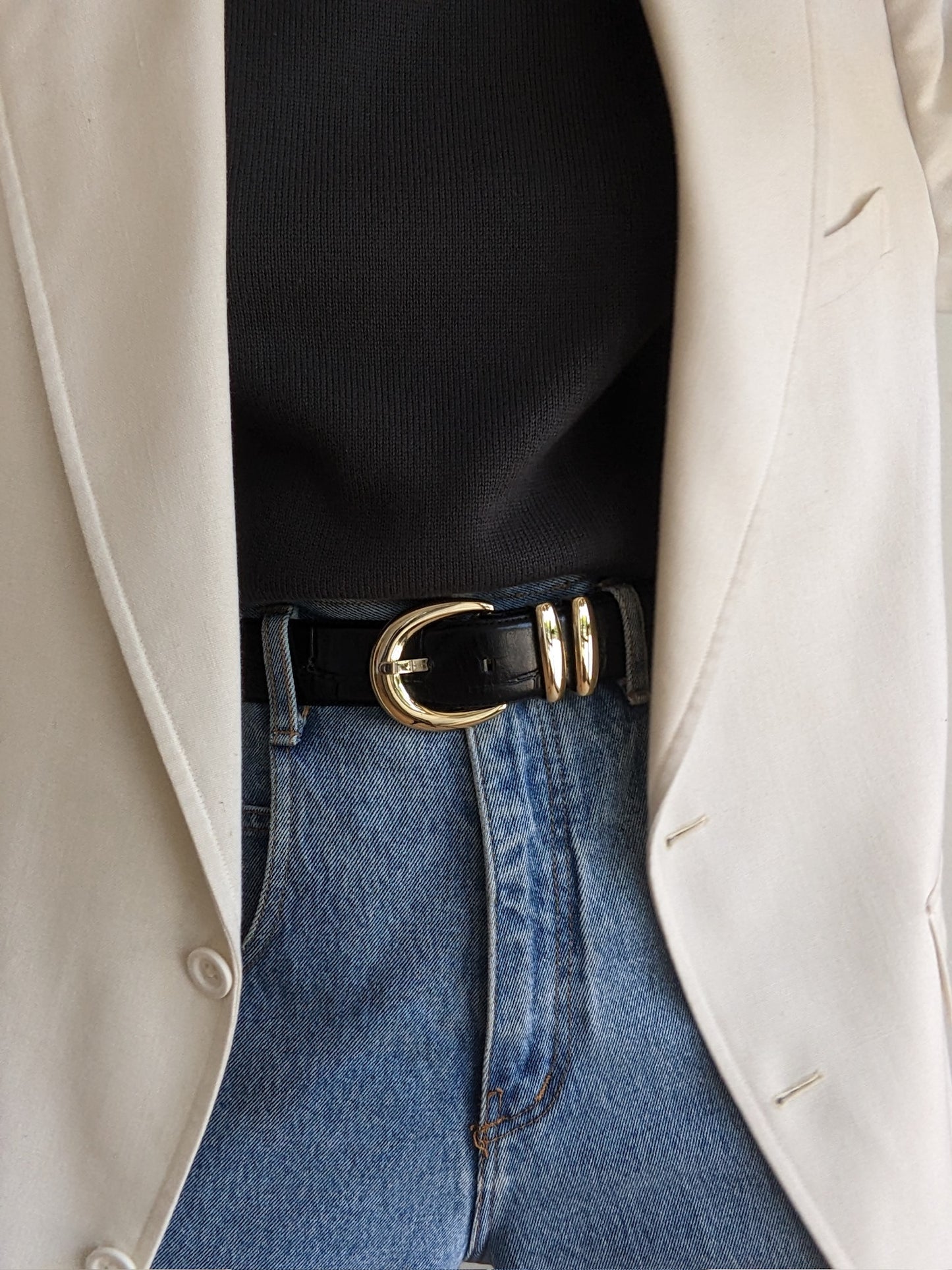 Bold Vintage Black Croc-Embossed Leather Belt
