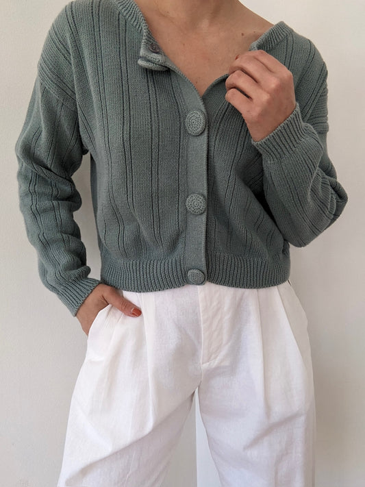 Vintage Spearmint Cropped Cotton Cardigan