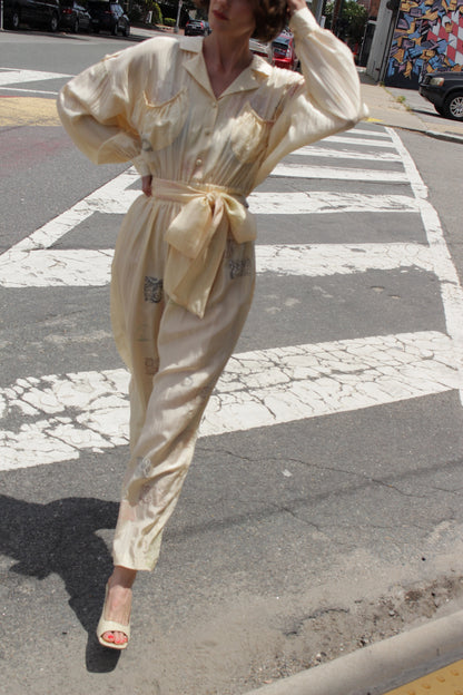 Vintage Block-Printed Butter Silk Jumpsuit