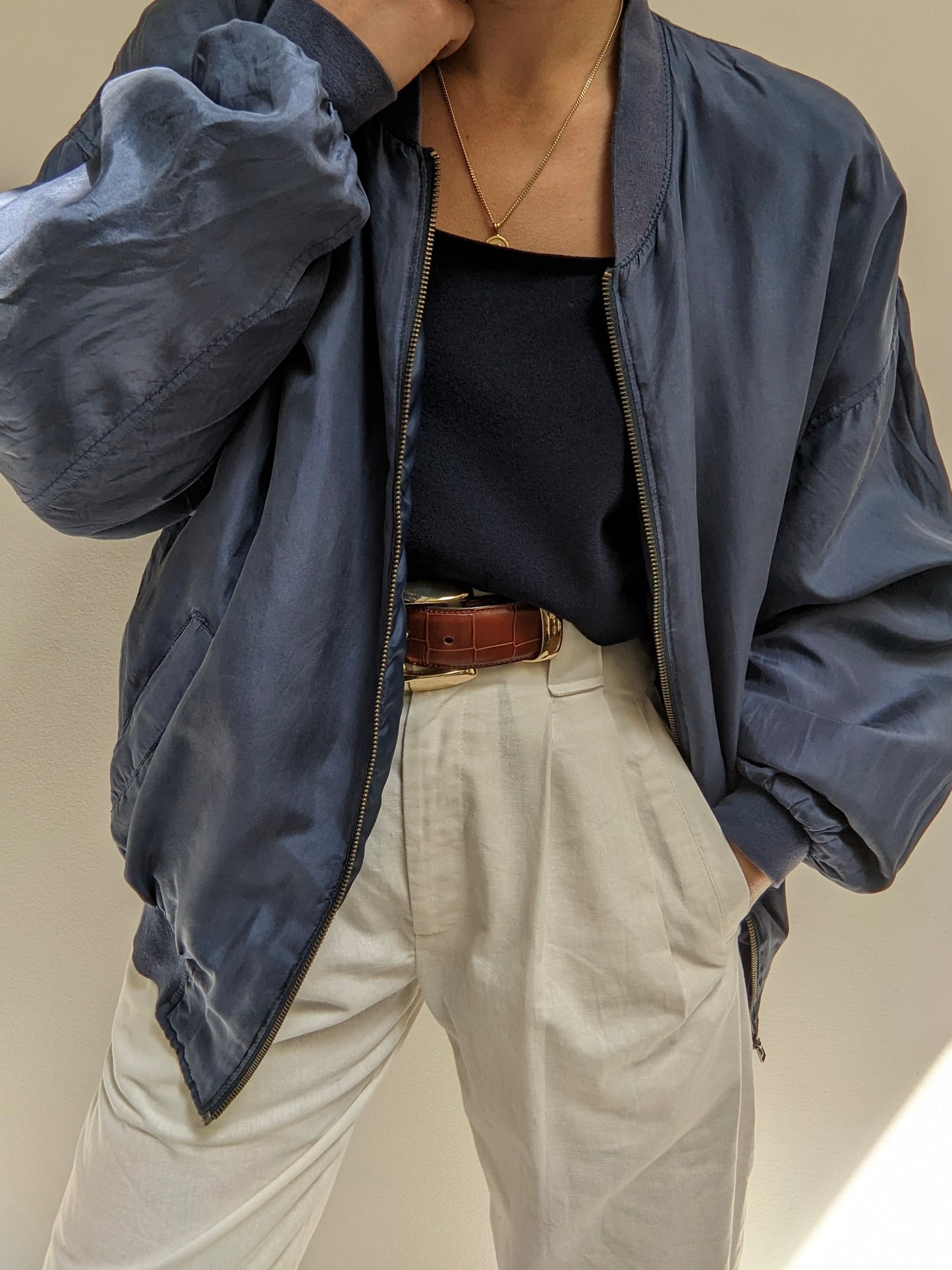 Vintage Stone Blue Silk Bomber Jacket